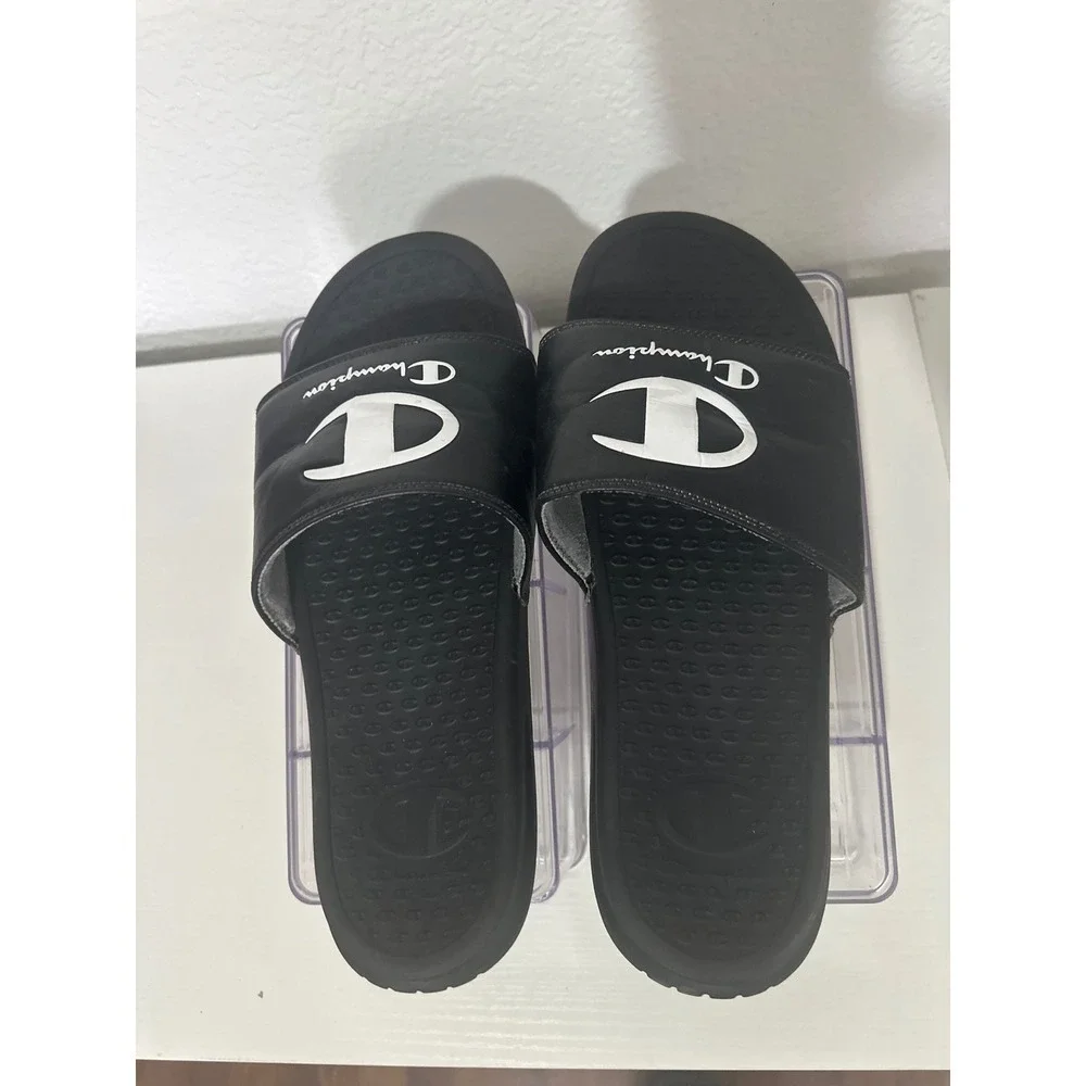 Champion Slides Mens 10M Black White Logo Pool Beach Sandals Slip On